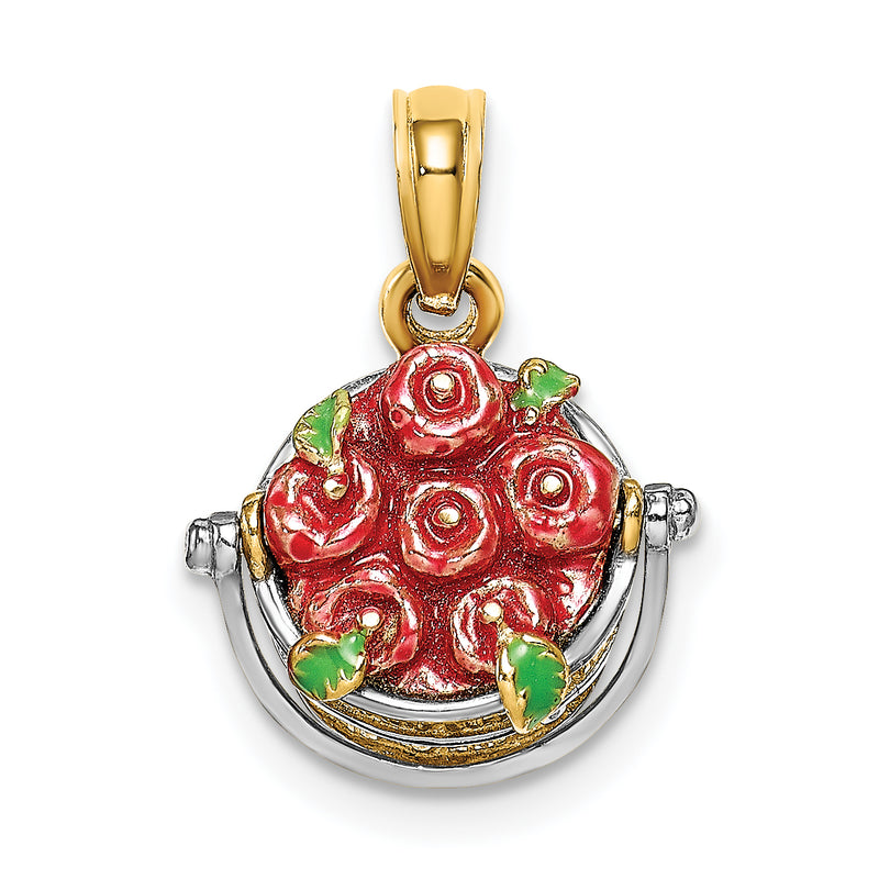 14K Yellow & Rhodium W/ White 3-D Enamel Apple Basket