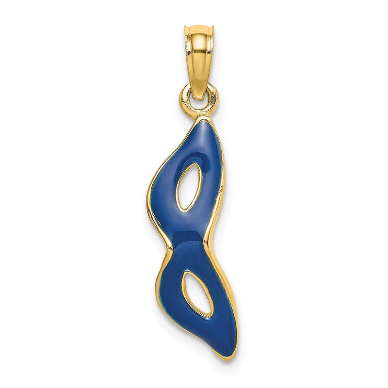 14K Yellow Gold 3-D And Beveled W/Blue Enamel Masquerade Mask Pendant