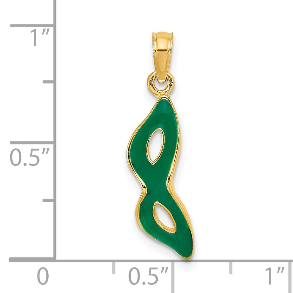 14K Yellow Gold 3-D And Beveled W/Green Enamel Masquerade Mask Pendant