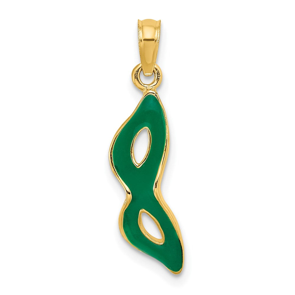 14K Yellow Gold 3-D And Beveled W/Green Enamel Masquerade Mask Pendant