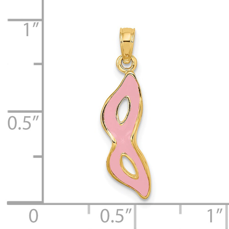 14K Yellow Gold 3-D And Beveled W/Pink Enamel Masquerade Mask Pendant