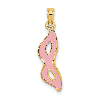 14K Yellow Gold 3-D And Beveled W/Pink Enamel Masquerade Mask Pendant