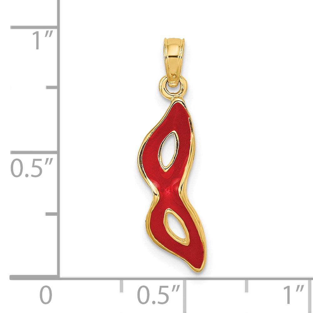 14K Yellow Gold 3-D And Beveled W/Red Enamel Masquerade Mask Pendant