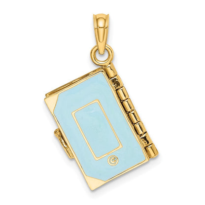 14K Yellow Gold 3-D Blue Enamel Bible Book W/ Moveable Pages Charm