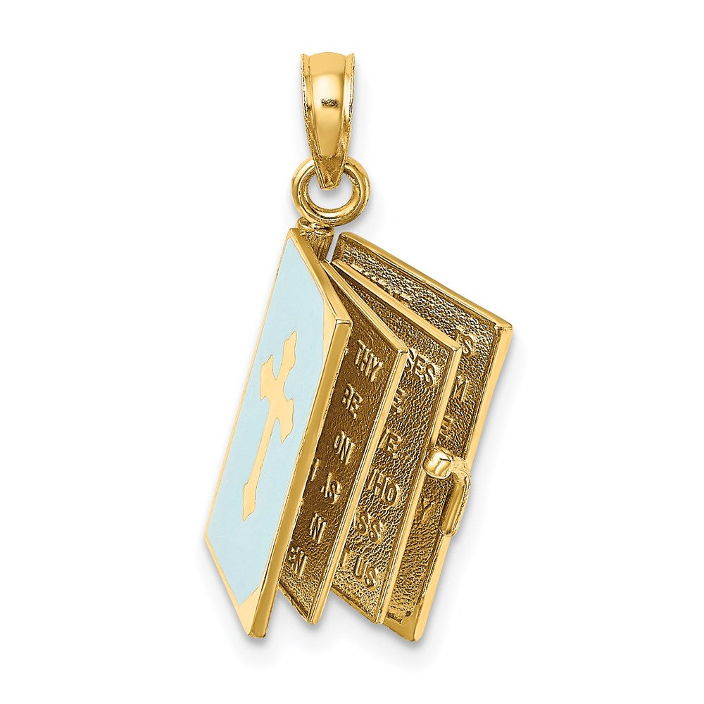 14K Yellow Gold 3-D Blue Enamel Bible Book W/ Moveable Pages Charm