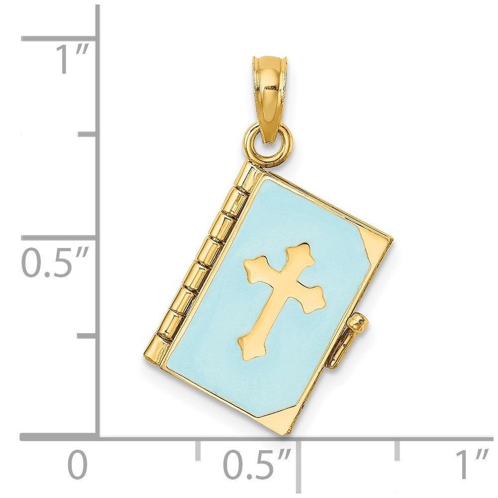 14K Yellow Gold 3-D Blue Enamel Bible Book W/ Moveable Pages Charm