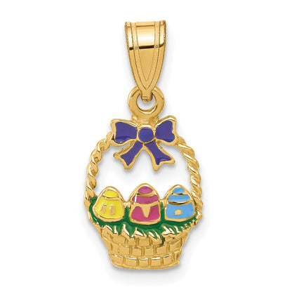 14k Yellow Gold Enameled Easter Basket w/ Bow and Eggs Charm