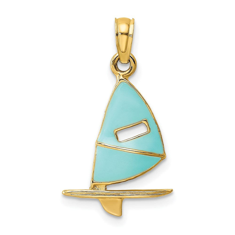 14K Yellow Gold Aqua Enameled Windsail Surf Board Charm