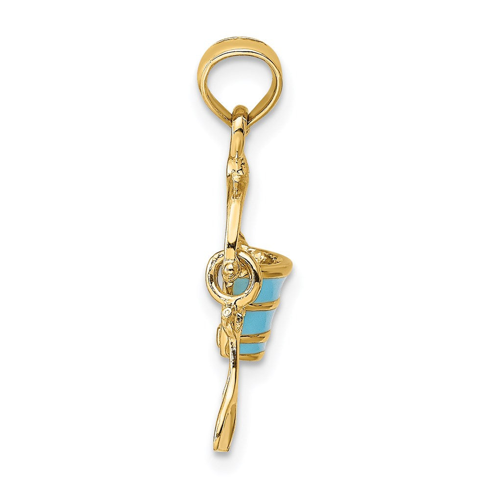 14K Yellow Gold 2-D Aqua Enameled Beach Bucket W/Moveable Shovel Charm