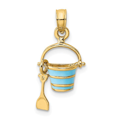 14K Yellow Gold 2-D Aqua Enameled Beach Bucket W/Moveable Shovel Charm