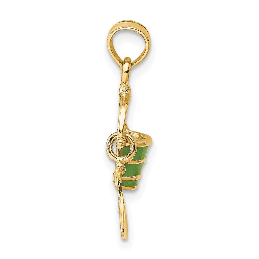 14K Yellow Gold 2-D Green Enameled Beach Bucket W/Moveable Shovel Charm
