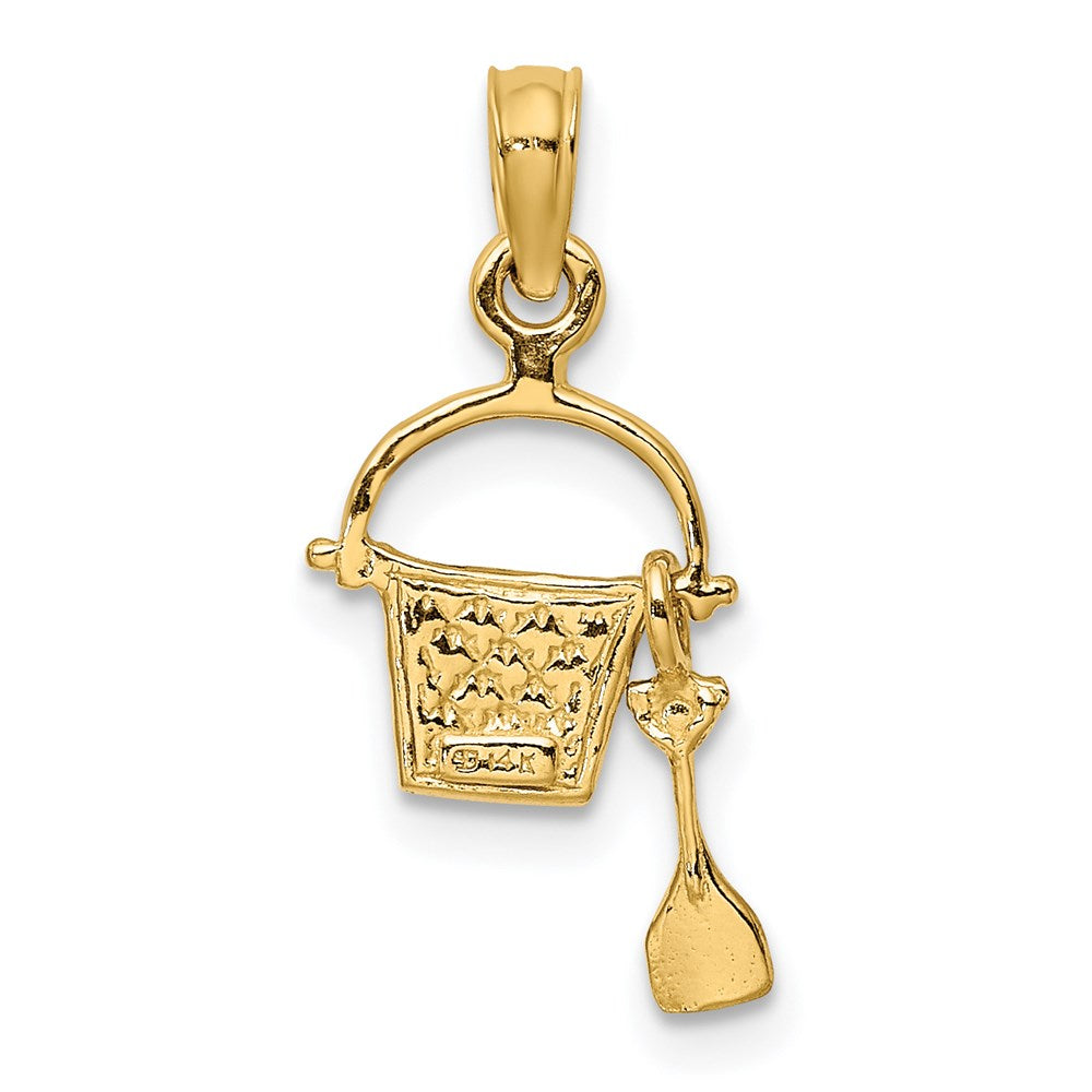 14K Yellow Gold 2-D Green Enameled Beach Bucket W/Moveable Shovel Charm