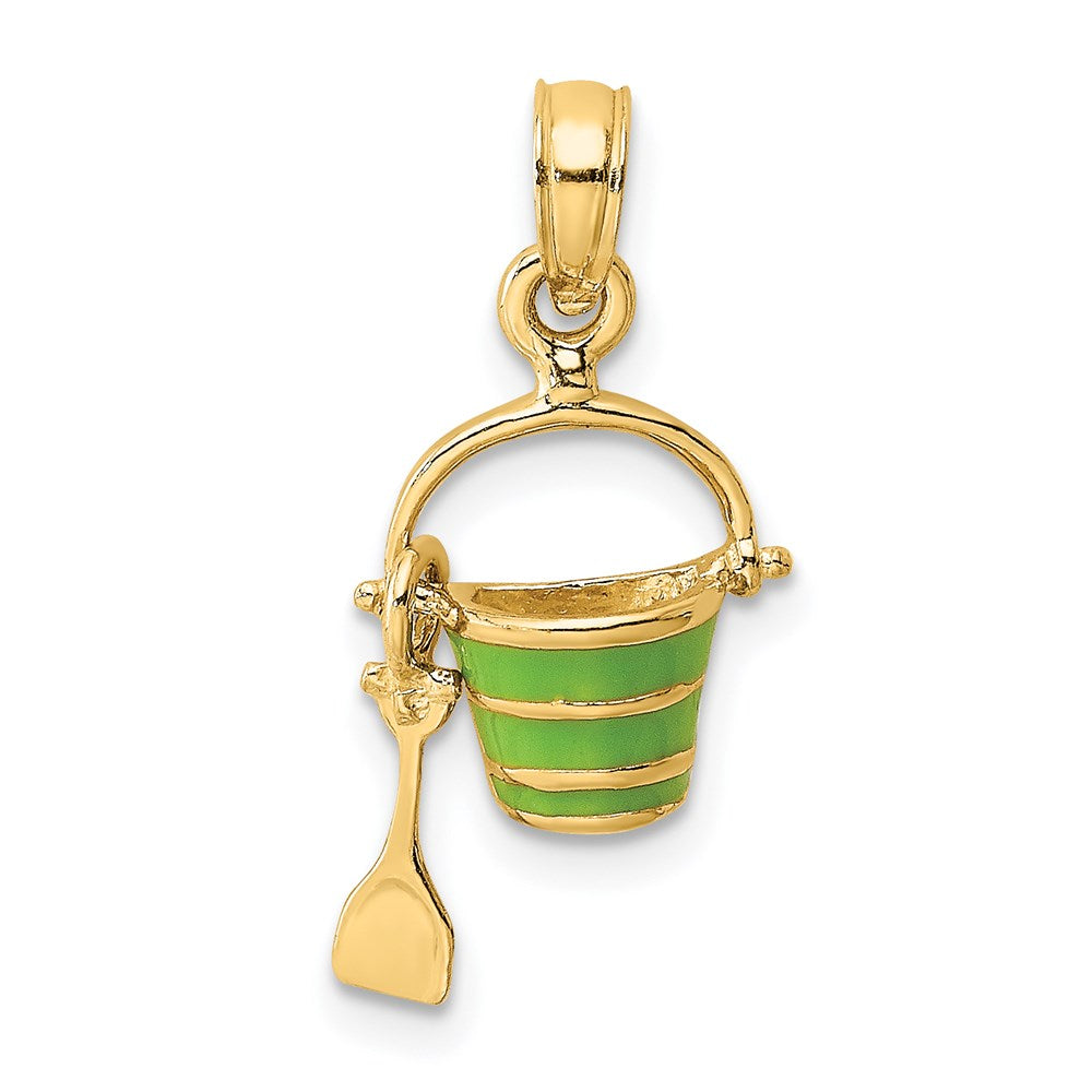 14K Yellow Gold 2-D Green Enameled Beach Bucket W/Moveable Shovel Charm