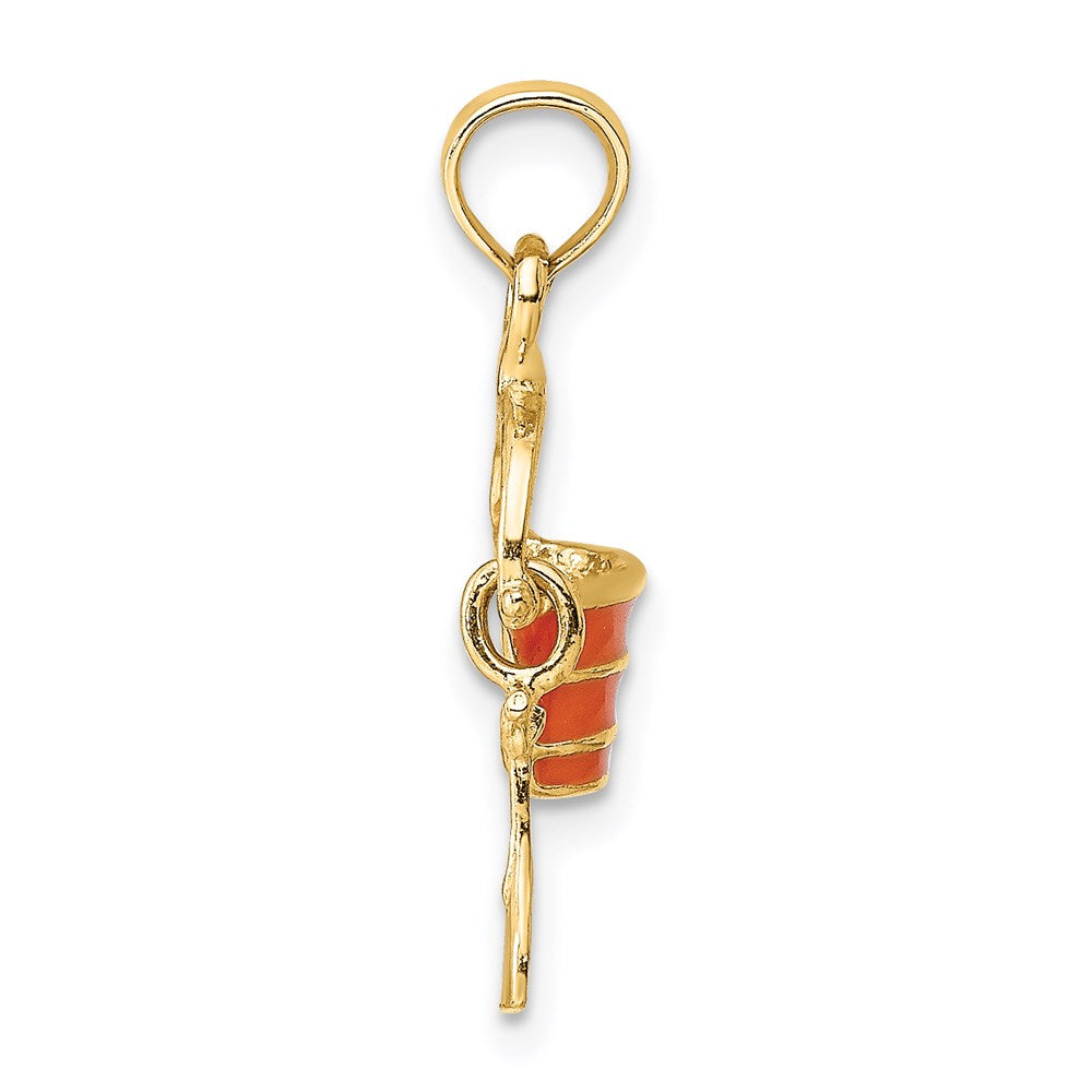 14K Yellow Gold 2-D Orange Enameled Beach Bucket W/Moveable Shovel Charm