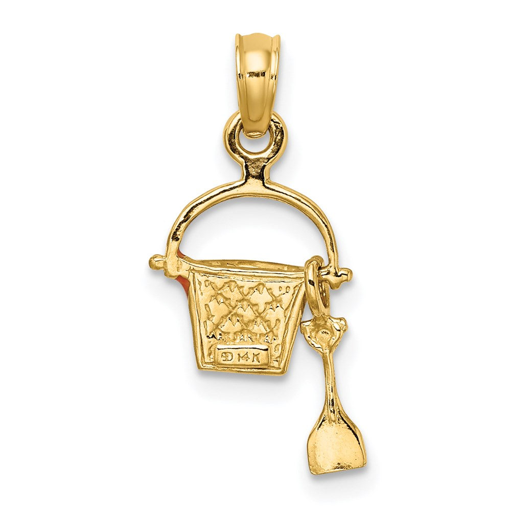 14K Yellow Gold 2-D Orange Enameled Beach Bucket W/Moveable Shovel Charm