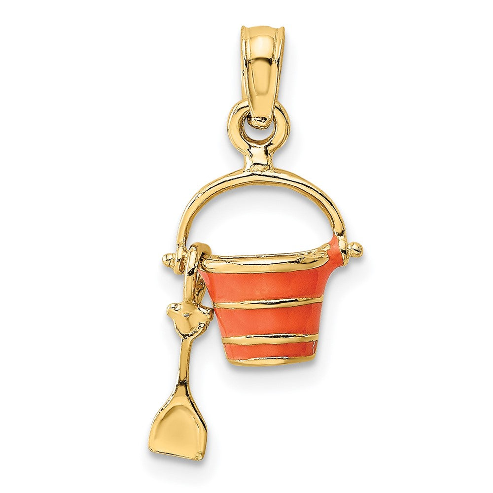 14K Yellow Gold 2-D Orange Enameled Beach Bucket W/Moveable Shovel Charm