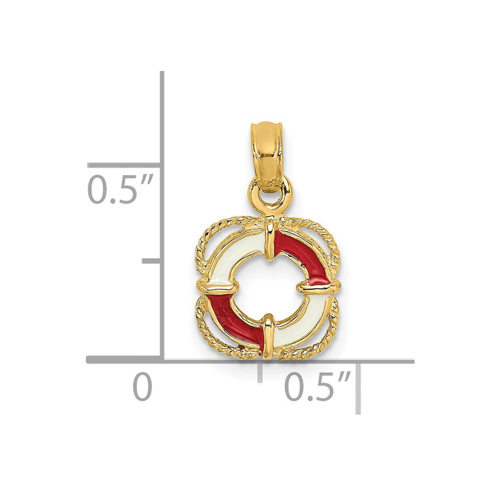 14K Yellow Gold Red And White Enameled Lifesaver Ring Charm