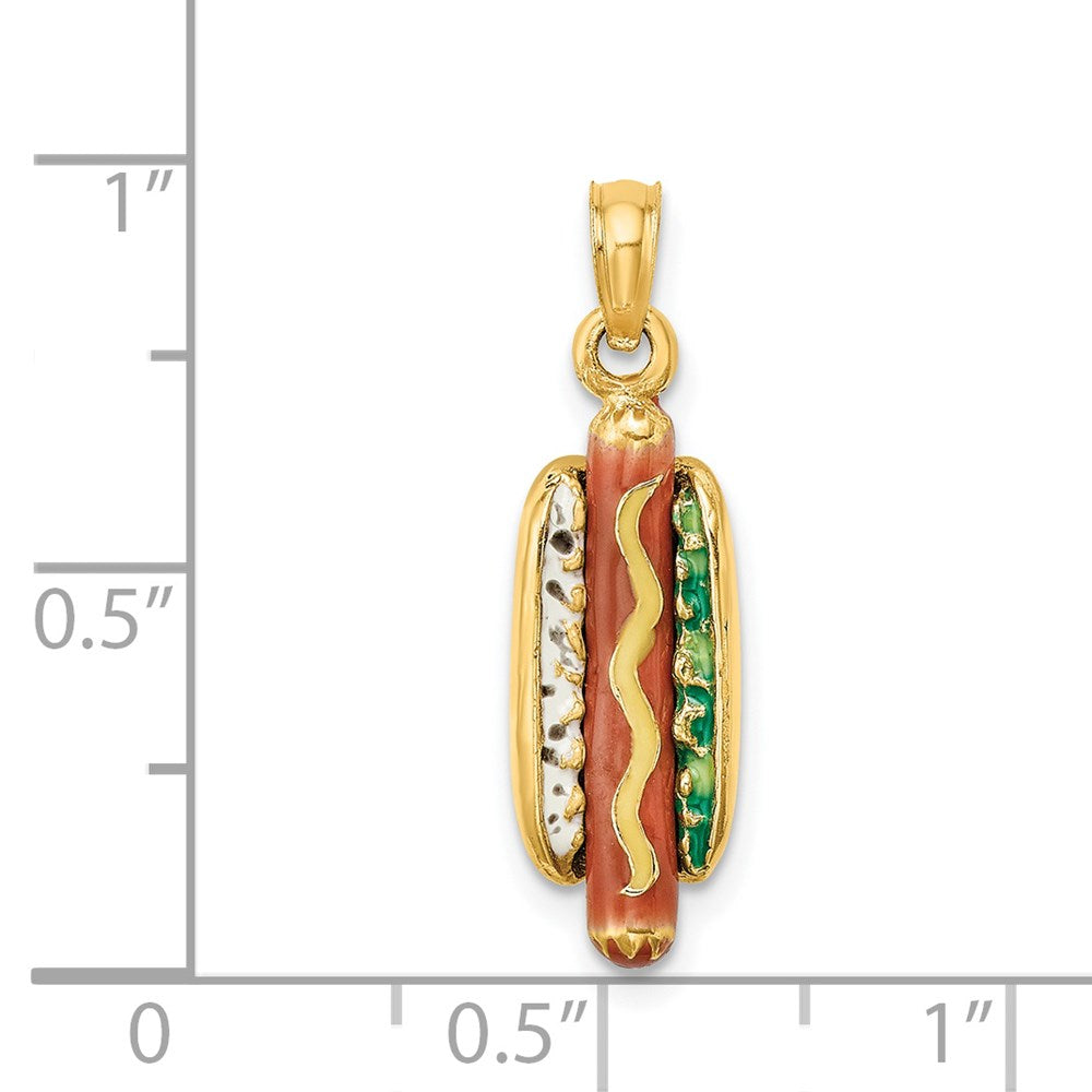 14K Yellow Gold 3-D Enamel Hot Dog W/ Bun Charm
