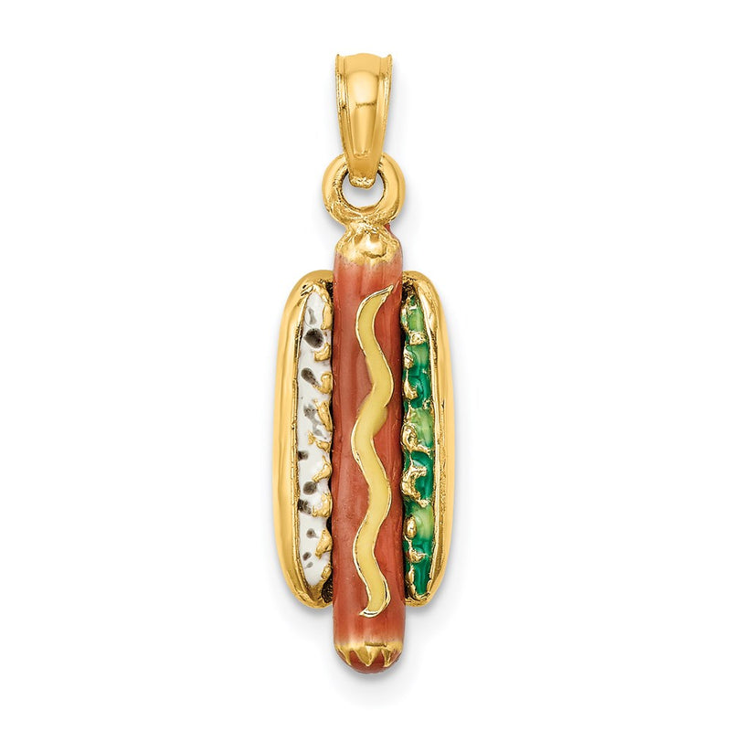 14K Yellow Gold 3-D Enamel Hot Dog W/ Bun Charm
