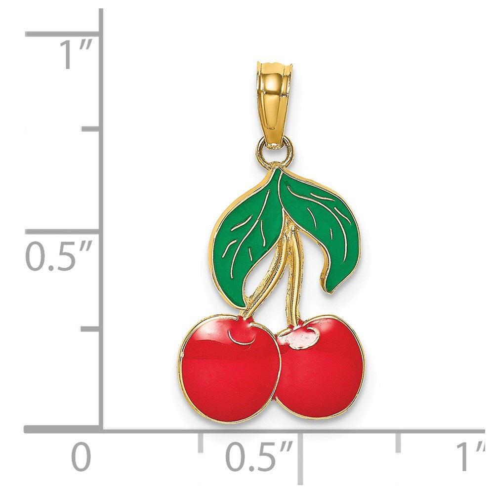 14K Yellow Gold W/ Enamel Cherries With Leaf Charm