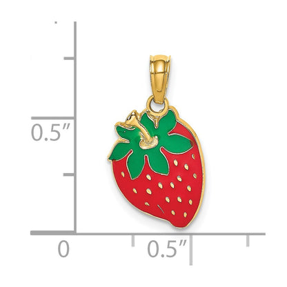 14K Yellow Gold W/ Enamel Strawberry With Leaf Charm