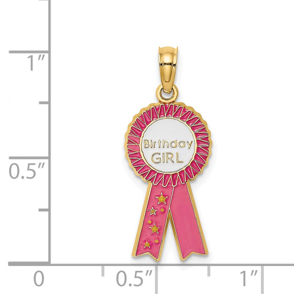 14K Yellow Gold Enamel Birthday Girl Pink Ribbon Charm