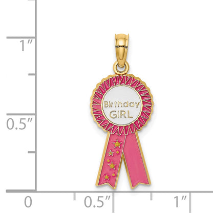 14K Yellow Gold Enamel Birthday Girl Pink Ribbon Charm