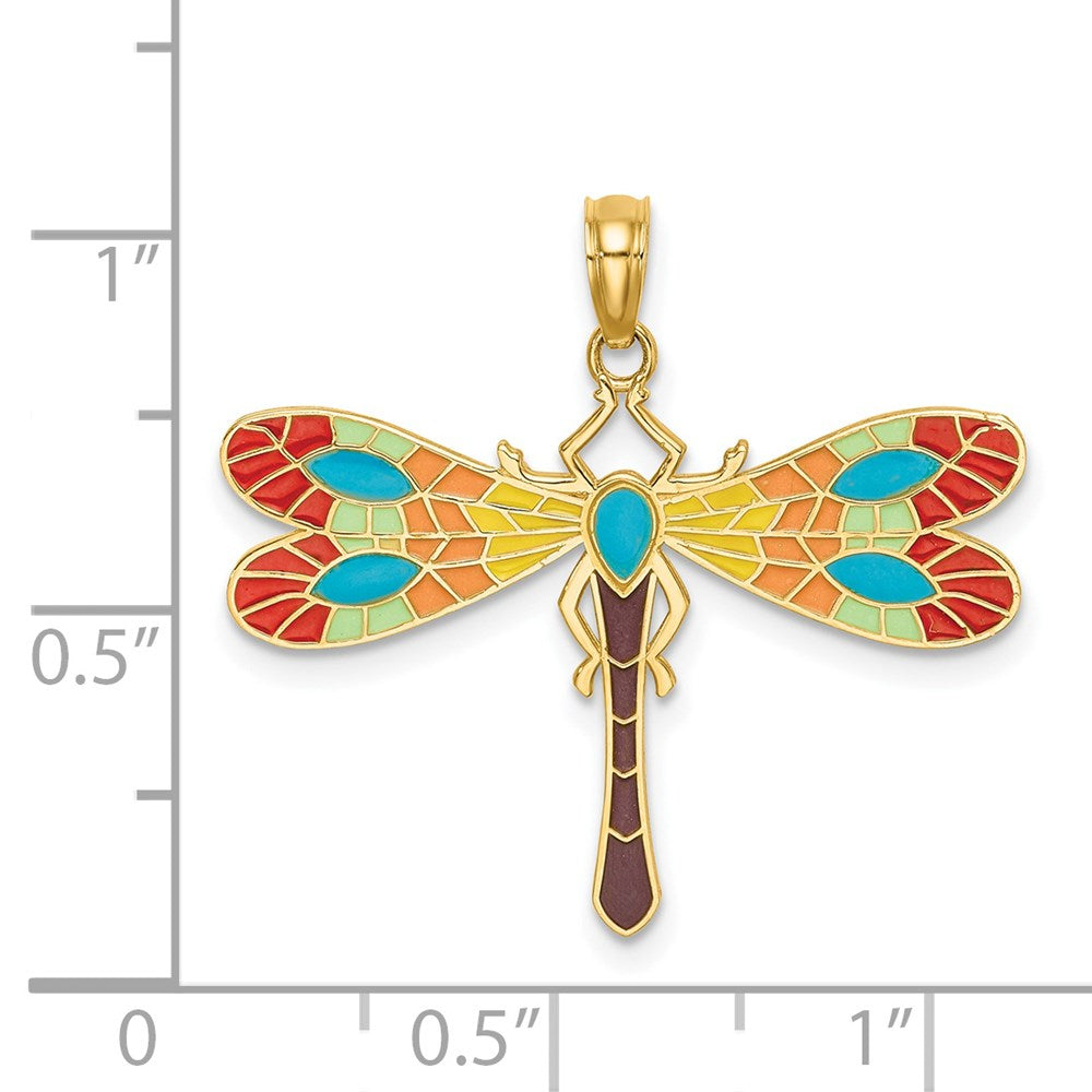 14K Yellow Gold Multi Color Enamel Dragonfly Charm