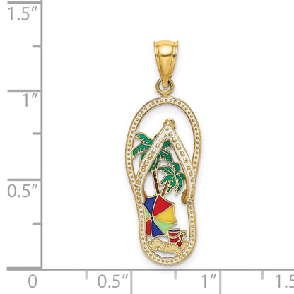 14K Yellow Gold Enamel Palm Tree Beach Scene Flip-Flop Charm
