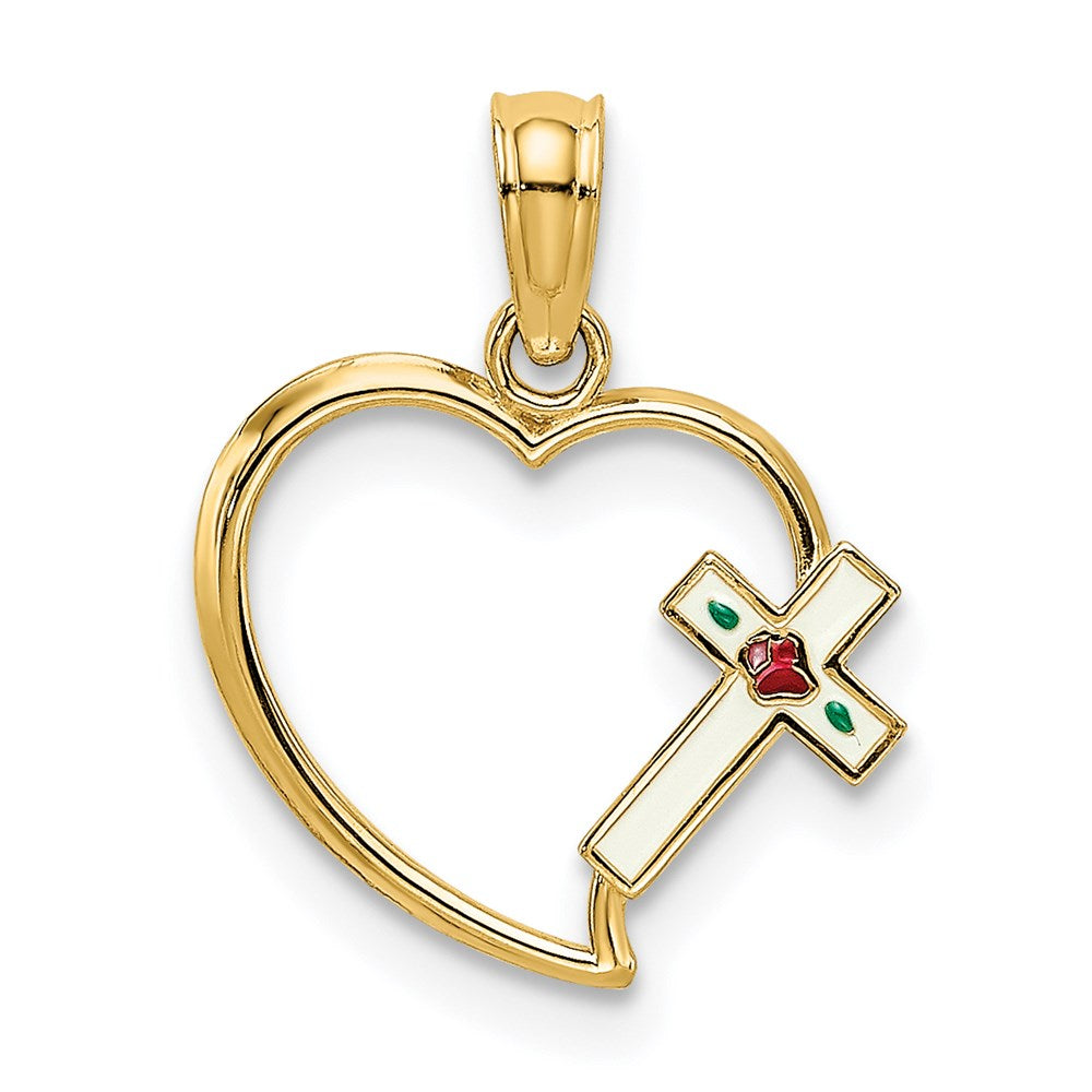 14K Yellow Gold Enamel Cross And Heart Charm