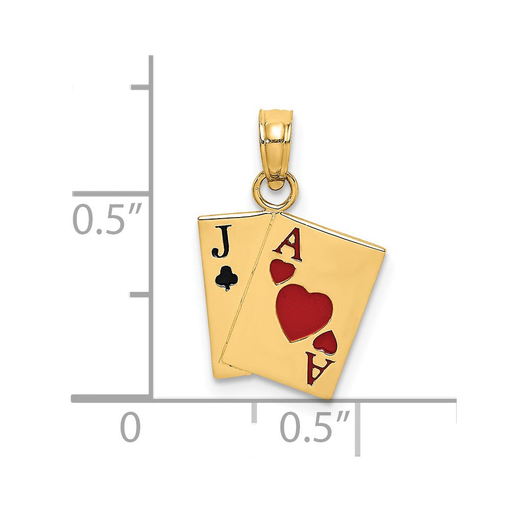 14K Yellow Gold Enamel Jack Of Clubs And Ace Hearts Cards Charm
