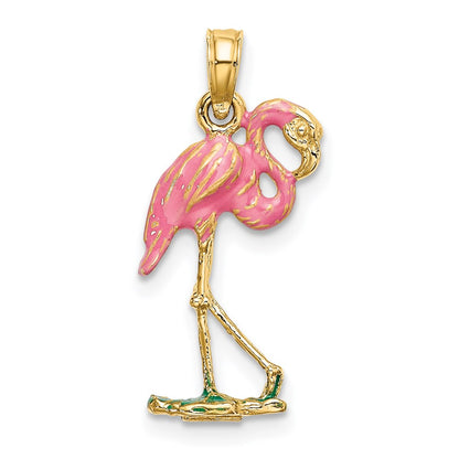 14K Yellow Gold 3-D Pink Enamel Flamingo Charm