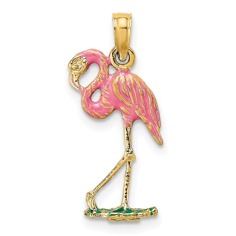 14K Yellow Gold 3-D Pink Enamel Flamingo Charm