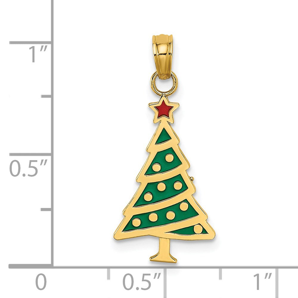 14K Yellow Gold Enamel Green Christmas Tree W/ Red Star Charm