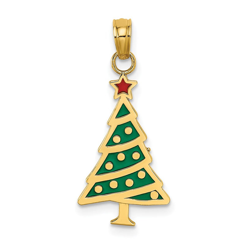 14K Yellow Gold Enamel Green Christmas Tree W/ Red Star Charm