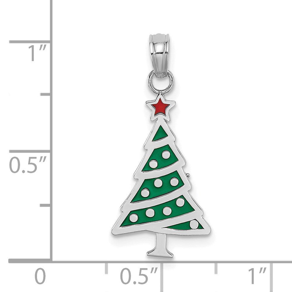 14K White Gold Enamel Green Christmas Tree W/ Red Star Charm