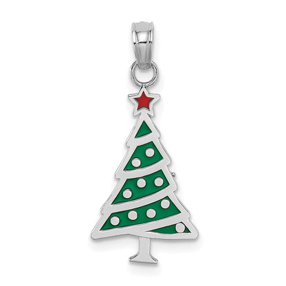 14K White Gold Enamel Green Christmas Tree W/ Red Star Charm
