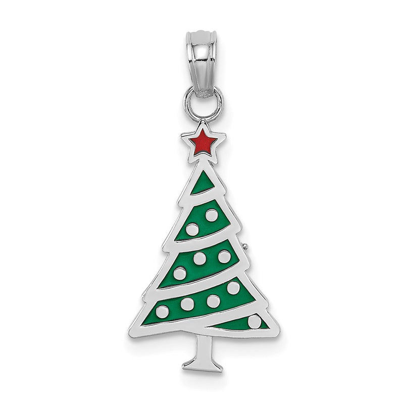 14K White Gold Enamel Green Christmas Tree W/ Red Star Charm