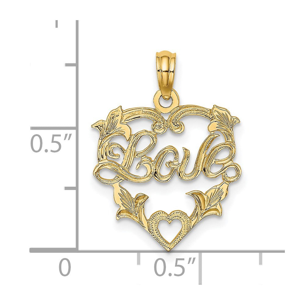 14K Yellow Gold Love In Heart W/ Floral Design Charm