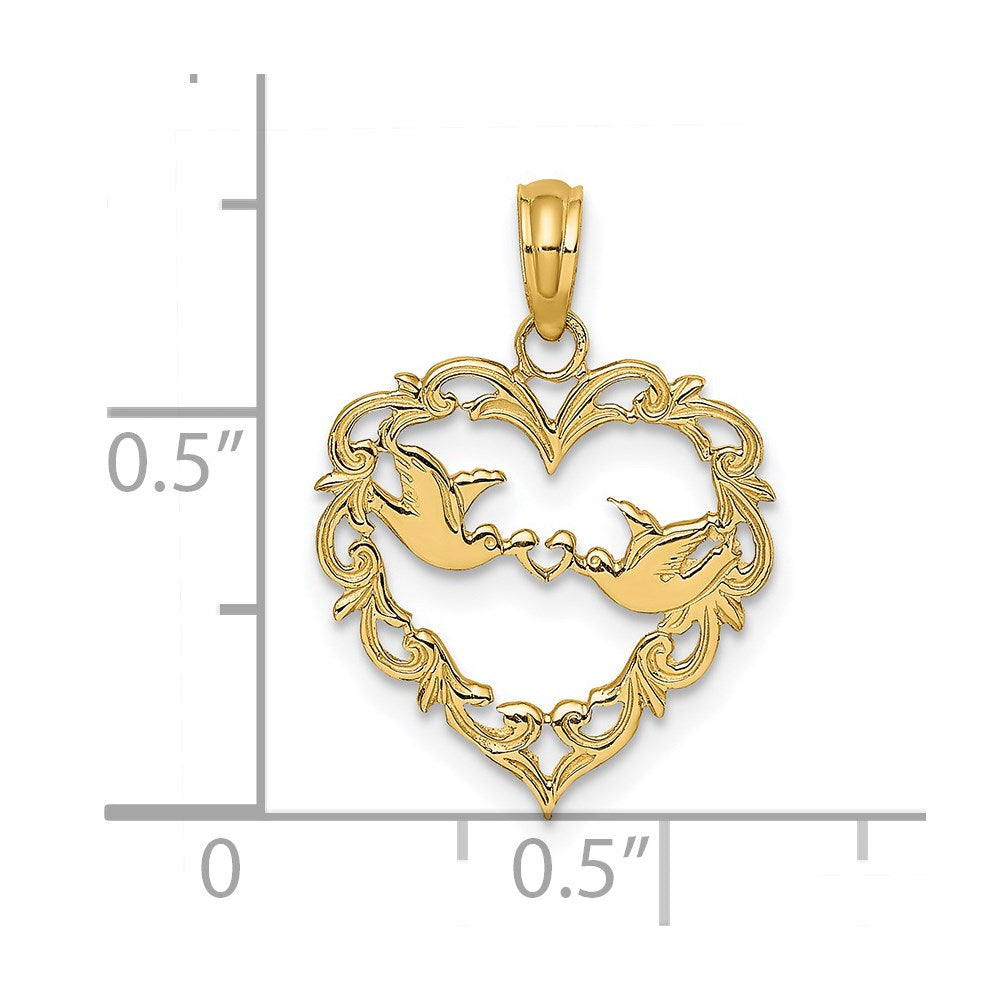 14K Yellow Gold Polished Love Birds In Heart Pendant