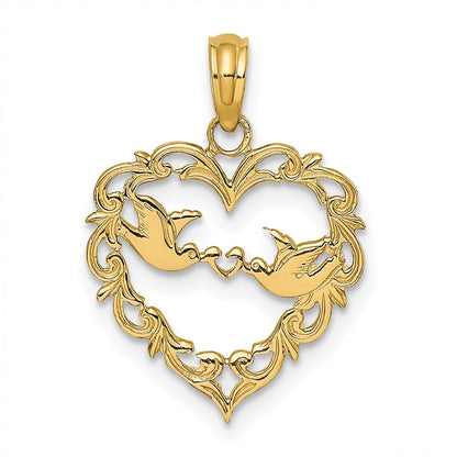 14K Yellow Gold Polished Love Birds In Heart Pendant