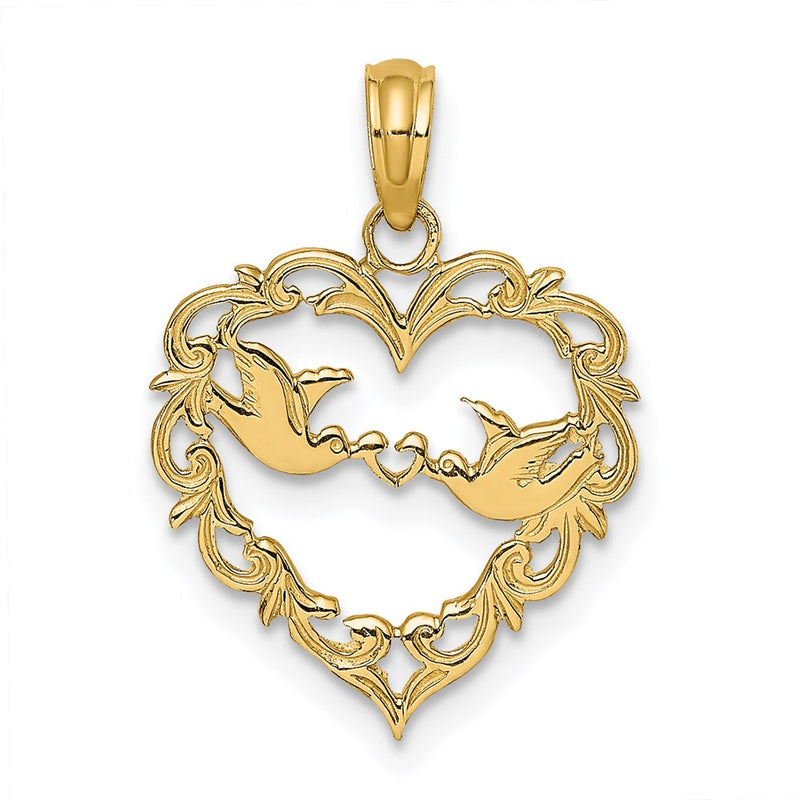14K Yellow Gold Polished Love Birds In Heart Pendant