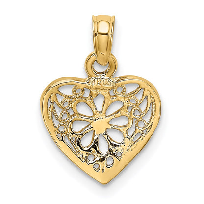14K Yellow Gold 2-D Filigree Heart W/ Flower Design Charm