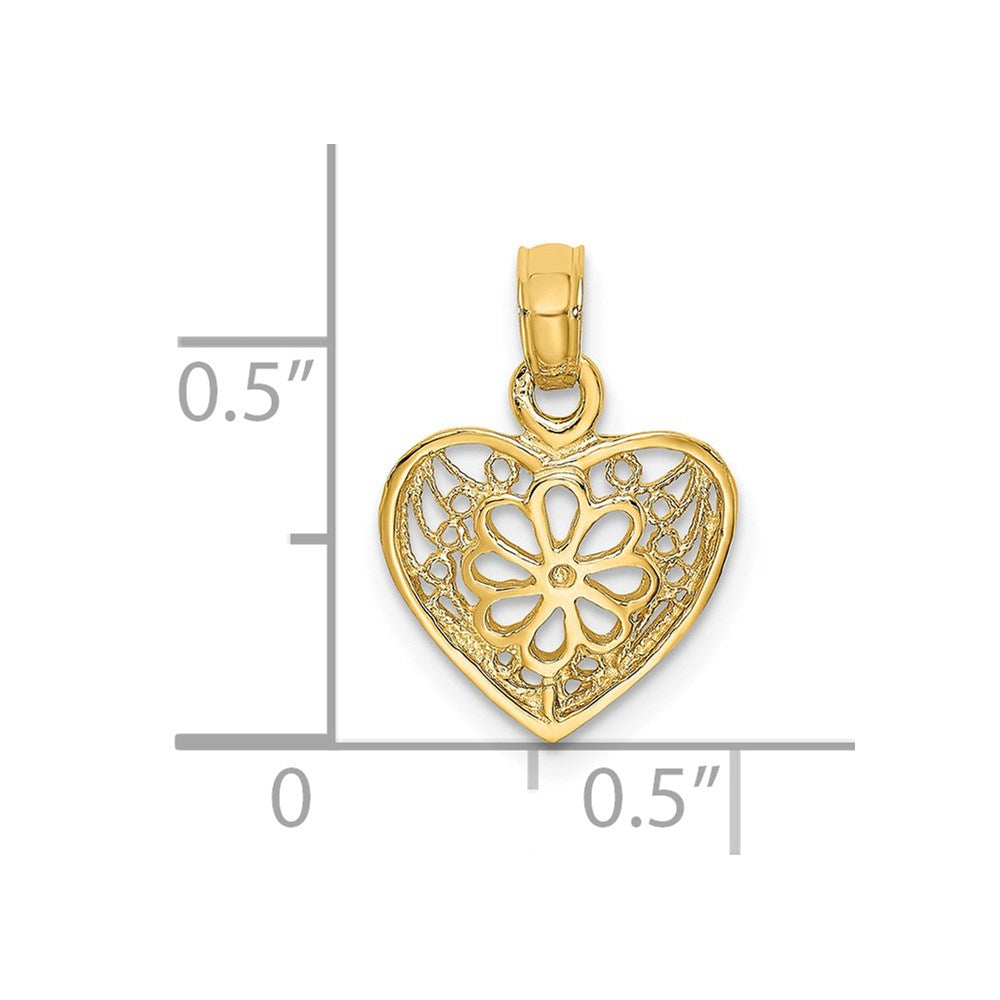 14K Yellow Gold 2-D Filigree Heart W/ Flower Design Charm