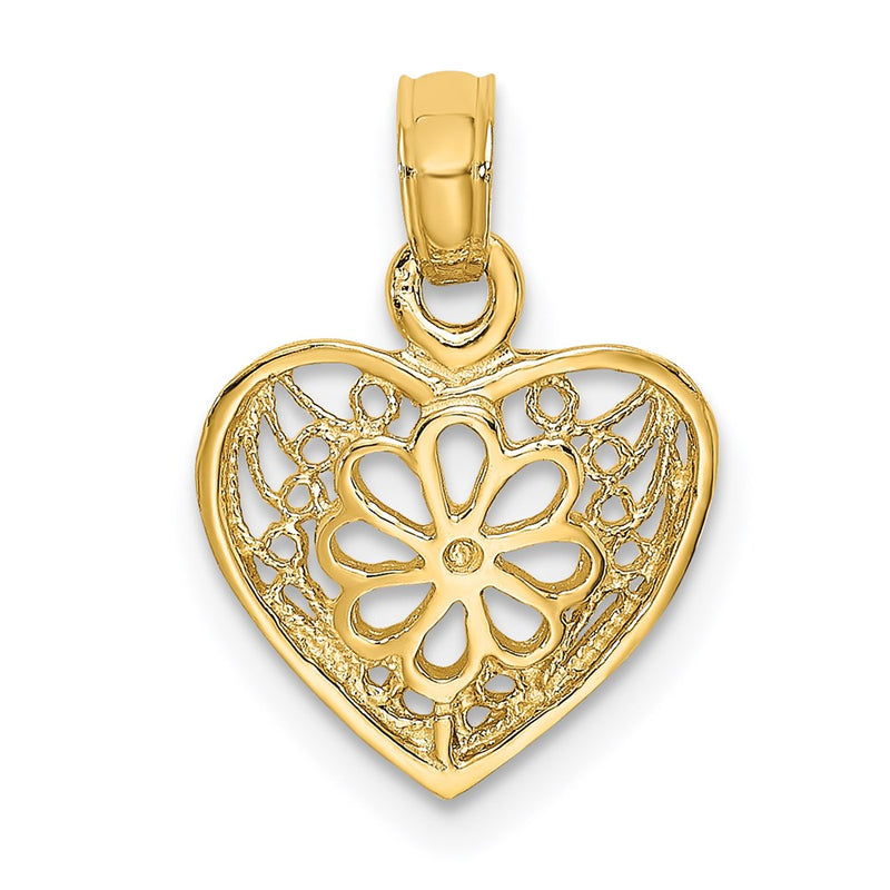 14K Yellow Gold 2-D Filigree Heart W/ Flower Design Charm