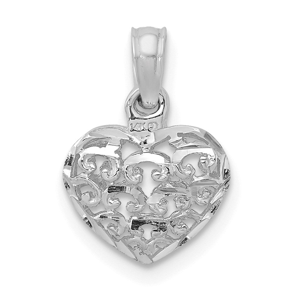 14K White Gold 3-D Diamond-Cut Mini Puffed Heart Charm