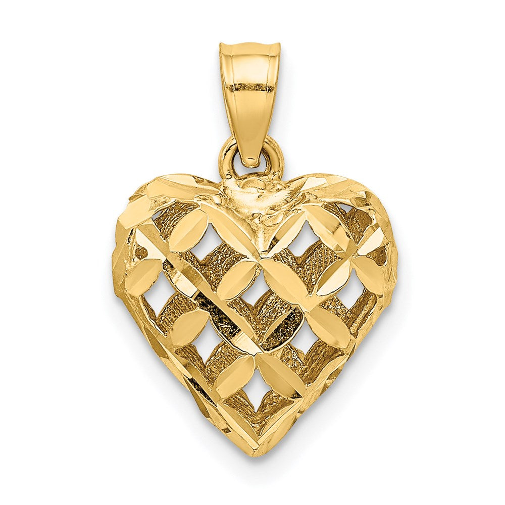 14K Yellow Gold 3-D Diamond-Cut Filigree Puffed Heart Charm
