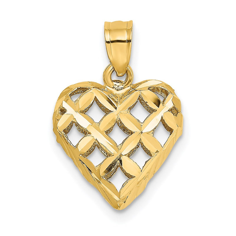 14K Yellow Gold 3-D Diamond-Cut Filigree Puffed Heart Charm