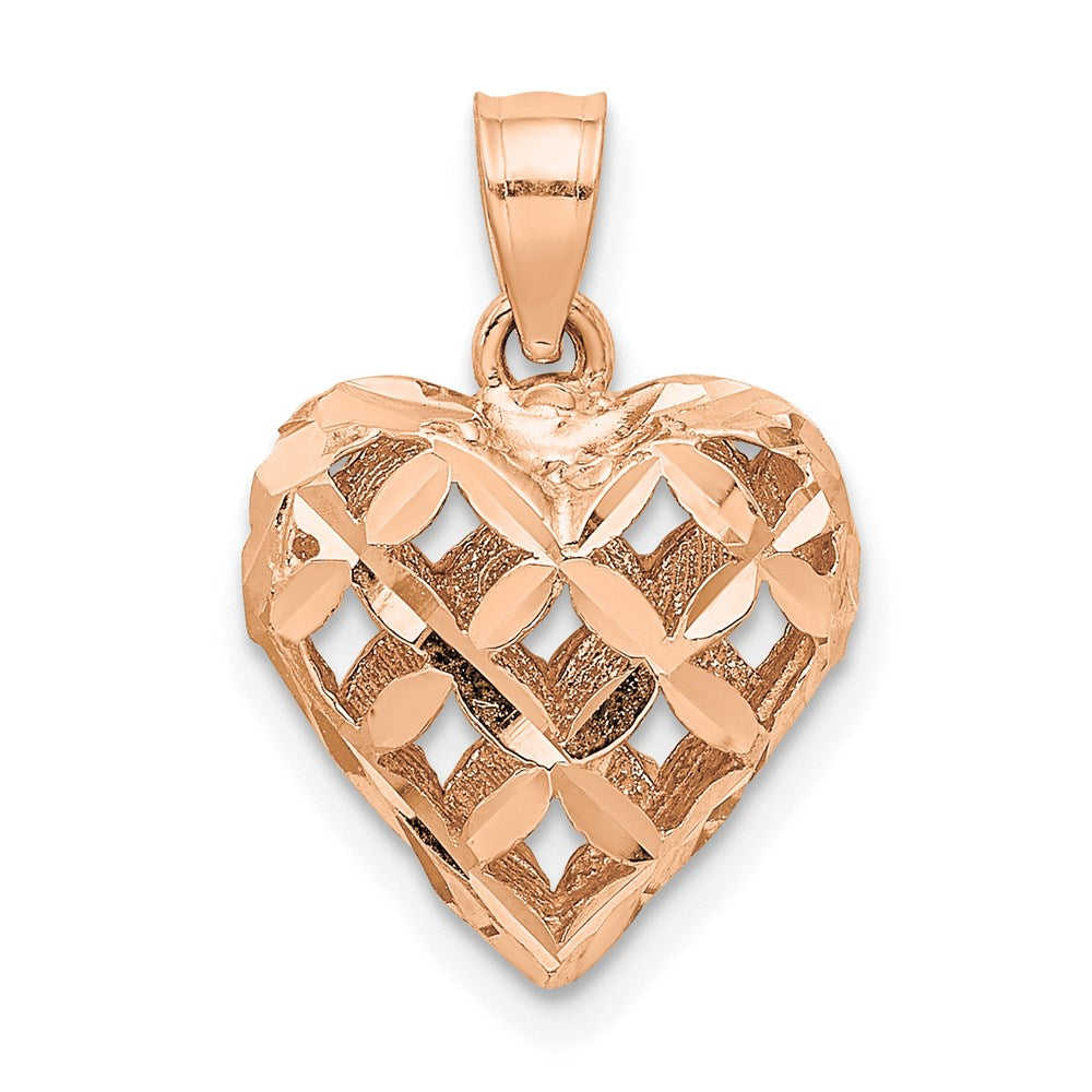 14K Rose Gold Polished 3-D Diamond-Cut Puffed Heart Charm
