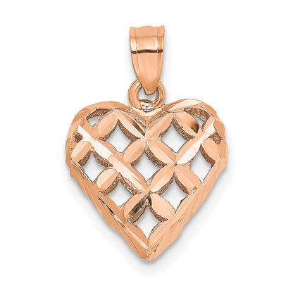 14K Rose Gold Polished 3-D Diamond-Cut Puffed Heart Charm